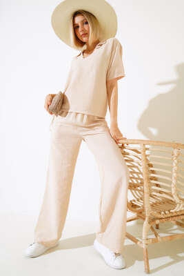 Pazarium - V Yaka Bluz İkili Takım Bej