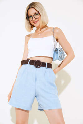 Pazarium - Kemerli Keten Şort Mavi