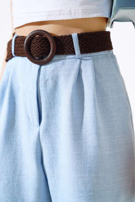 Kemerli Keten Şort Mavi - Thumbnail