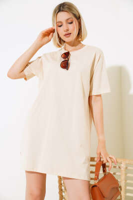 Uzun T-Shirt Bej - Thumbnail