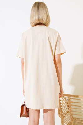 Uzun T-Shirt Bej - Thumbnail