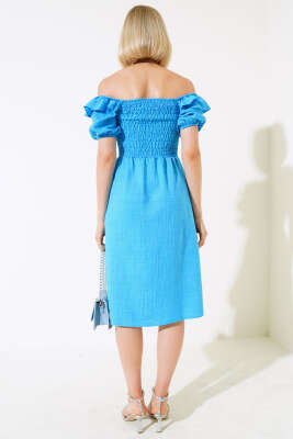 Kare Yaka Gipeli Elbise Mavi - Thumbnail