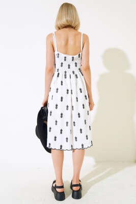 Ananas Nakışlı Askılı Elbise Beyaz - Thumbnail