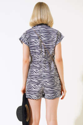 Zebra Desen Şortlu Tulum Lacivert - Thumbnail