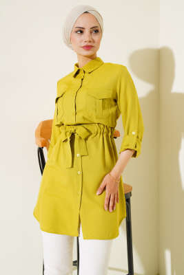 Çift Cepli Bel Lastikli Gömlek Yağ Yeşili - Thumbnail