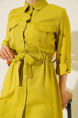 Çift Cepli Bel Lastikli Gömlek Yağ Yeşili - Thumbnail