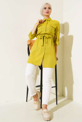 Çift Cepli Bel Lastikli Gömlek Yağ Yeşili - Thumbnail