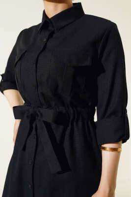 Çift Cepli Bel Lastikli Gömlek Siyah - Thumbnail