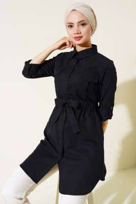 Çift Cepli Bel Lastikli Gömlek Siyah - Thumbnail