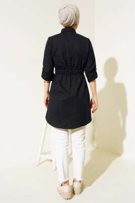 Çift Cepli Bel Lastikli Gömlek Siyah - Thumbnail