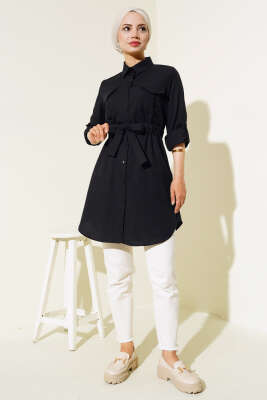 Çift Cepli Bel Lastikli Gömlek Siyah - Thumbnail