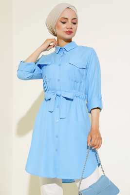 Çift Cepli Bel Lastikli Gömlek Mavi - Thumbnail