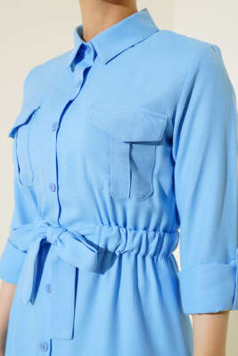 Çift Cepli Bel Lastikli Gömlek Mavi - Thumbnail