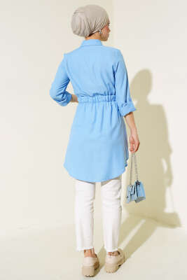 Çift Cepli Bel Lastikli Gömlek Mavi - Thumbnail