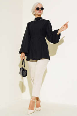 Balon Kol Saten Tunik Siyah - Thumbnail