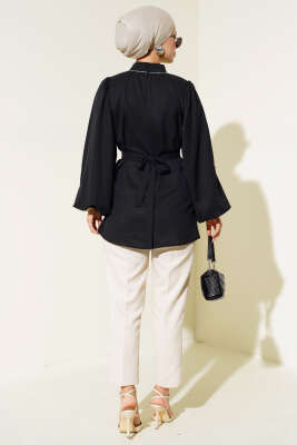 Balon Kol Saten Tunik Siyah - Thumbnail