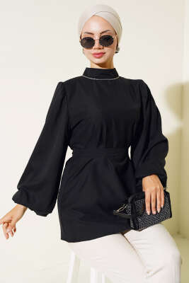 Balon Kol Saten Tunik Siyah - Thumbnail
