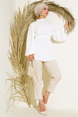 Balon Kol Saten Tunik Ekru - Thumbnail