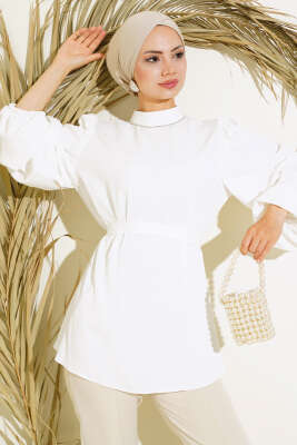 Balon Kol Saten Tunik Ekru - Thumbnail