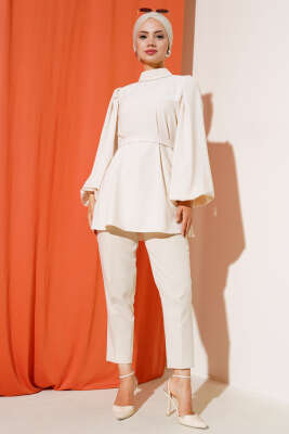 Balon Kol Saten Tunik Bej - Thumbnail