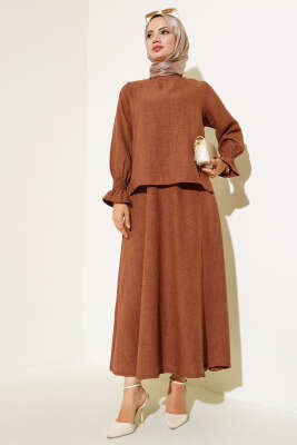 Bilekleri Lastikli Etekli İkili Takım Kahve - Thumbnail