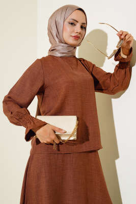 Bilekleri Lastikli Etekli İkili Takım Kahve - Thumbnail