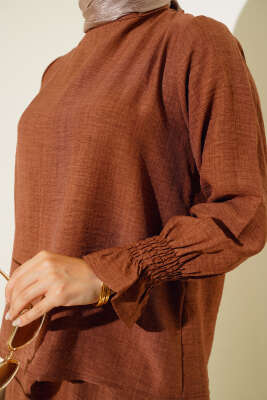 Bilekleri Lastikli Etekli İkili Takım Kahve - Thumbnail