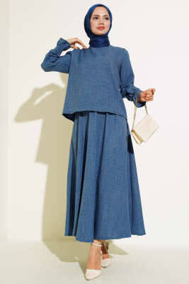 Bilekleri Lastikli Etekli İkili Takım İndigo - Thumbnail