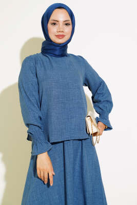 Bilekleri Lastikli Etekli İkili Takım İndigo - Thumbnail