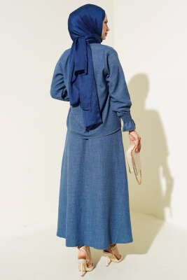 Bilekleri Lastikli Etekli İkili Takım İndigo - Thumbnail