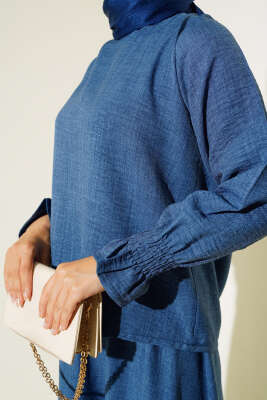 Bilekleri Lastikli Etekli İkili Takım İndigo - Thumbnail