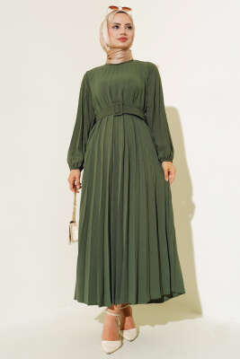 Pazarium - Piliseli Kemerli Ayrobin Elbise Haki