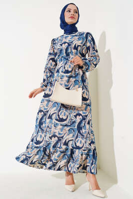 Pazarium - Karışık Desen Kuşaklı Elbise İndigo