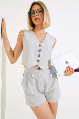 Şortlu Keten Takım Gri - Thumbnail