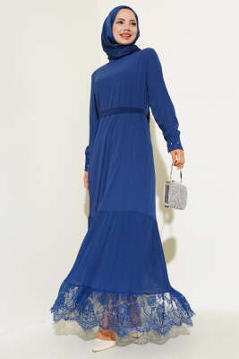 Pazarium - Etek Ucu Dantelli Elbise Lacivert