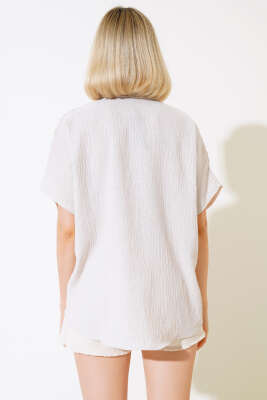 Güpürlü Keten Gömlek Bej - Thumbnail