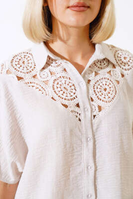 Güpürlü Keten Gömlek Bej - Thumbnail