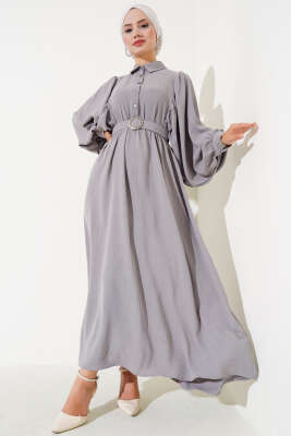 Pazarium - Balon Kol Gömlek Yaka Elbise Füme