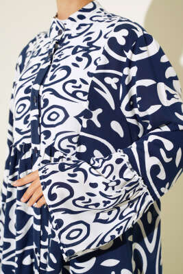 Etnik Desen Düğmeli Salaş Elbise Lacivert - Thumbnail