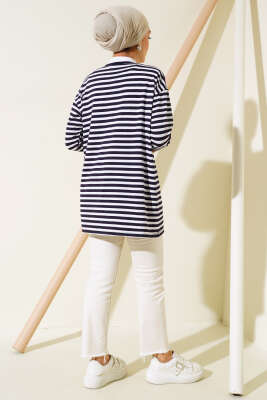 Viskon Yatay Çizgili Tunik Lacivert - Thumbnail