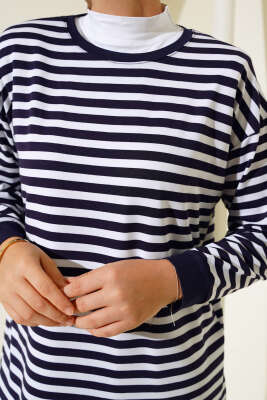 Viskon Yatay Çizgili Tunik Lacivert - Thumbnail