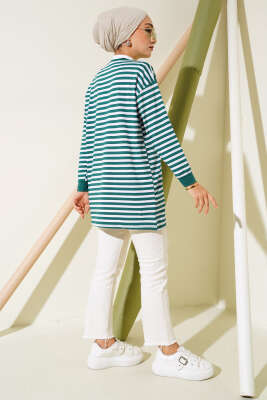 Viskon Yatay Çizgili Tunik Zümrüt - Thumbnail