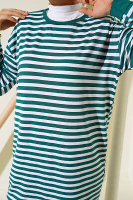 Viskon Yatay Çizgili Tunik Zümrüt - Thumbnail