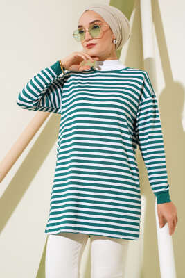 Viskon Yatay Çizgili Tunik Zümrüt - Thumbnail