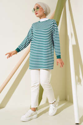 Viskon Yatay Çizgili Tunik Zümrüt - Thumbnail
