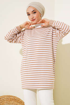 Viskon Yatay Çizgili Tunik Latte - Thumbnail