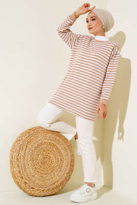 Viskon Yatay Çizgili Tunik Latte - Thumbnail