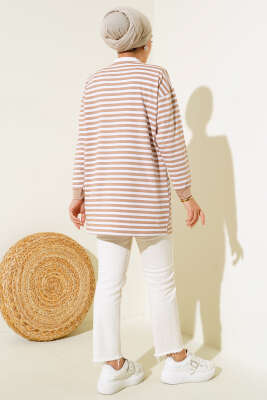 Viskon Yatay Çizgili Tunik Latte - Thumbnail