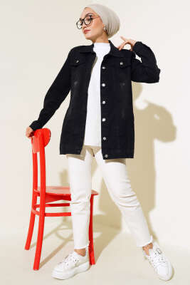 Metal Düğmeli Kot Ceket Siyah - Thumbnail