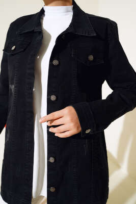 Metal Düğmeli Kot Ceket Siyah - Thumbnail